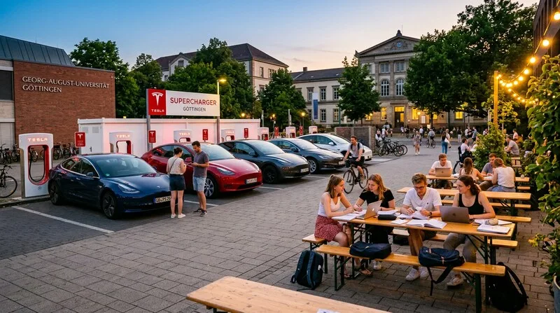 Audi EVs at a charging station at the factory grounds