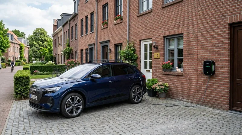 Audi Q4 e-tron charging at a townhouse