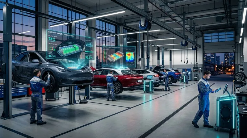 Battery service on an EV at a repair shop
