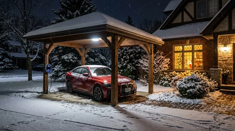 BMW i4 charging overnight at a home carport