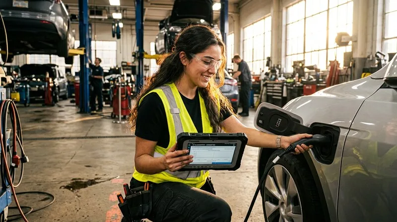 Technician runs diagnostic on electric car in workshop