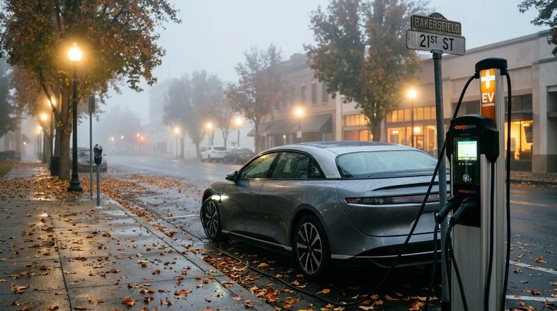 Electric car charging in downtown Chicago in winter