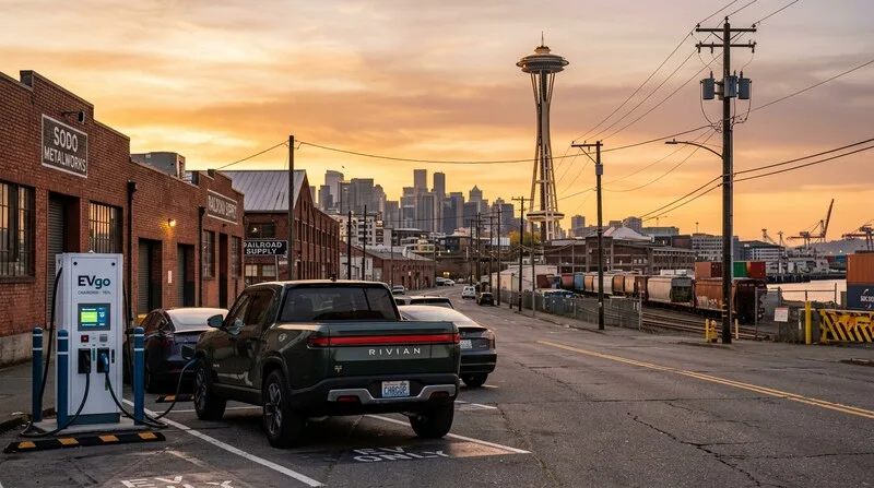 Electric car charging in Seattle with Space Needle in background