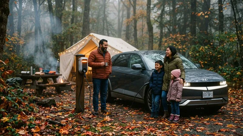 Family charging an EV during a camping trip