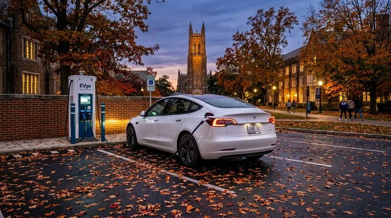 Ford Mustang Mach-E charging at a modern campus in Irvine, California