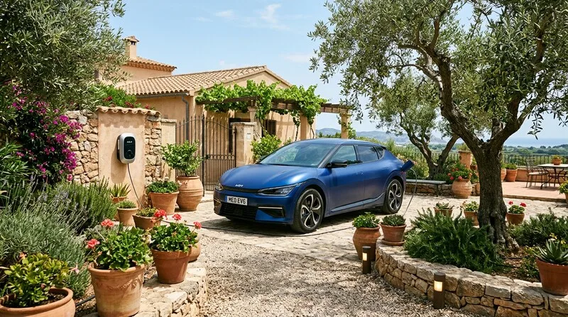 Kia EV6 charging at home in the garden with a smart charger