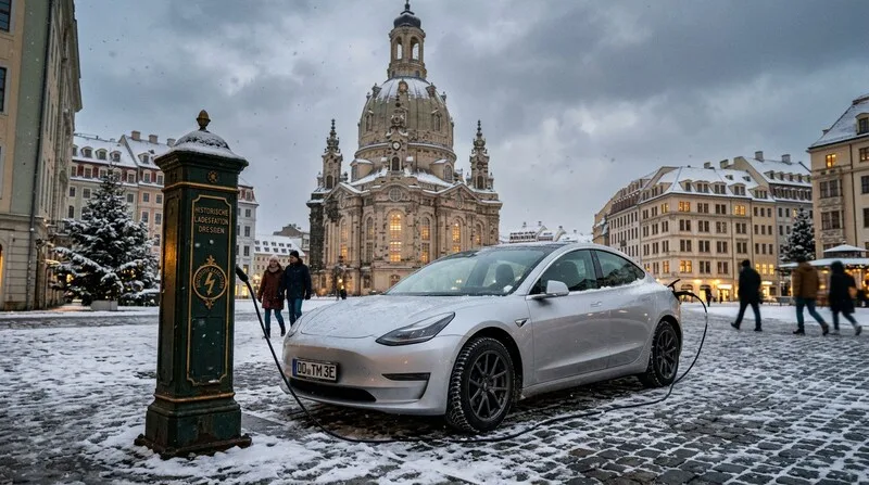 Mercedes EQ charging in the old town of Freiburg at a public station