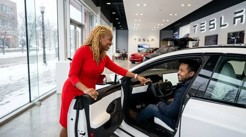 Salesperson explaining a Tesla model at a dealership