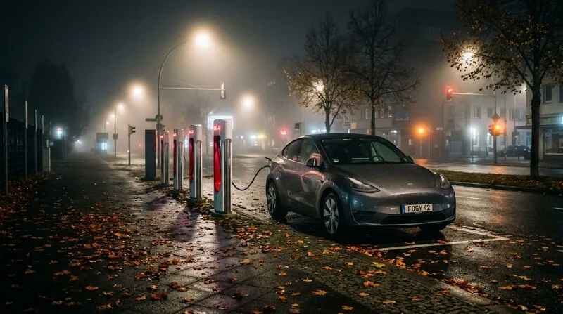 Tesla charging station at roadside in a city at night